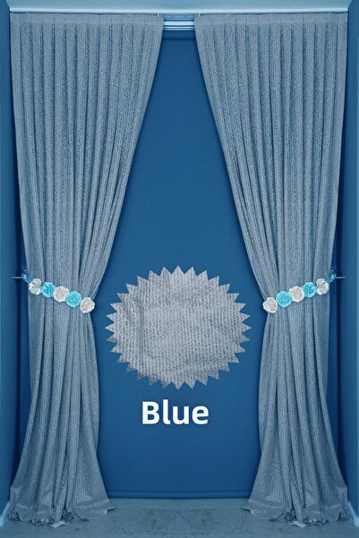 AKÇA TEKSTİL Синя завеса с ивици, еднопанелна, готова за употреба, с плисиран...