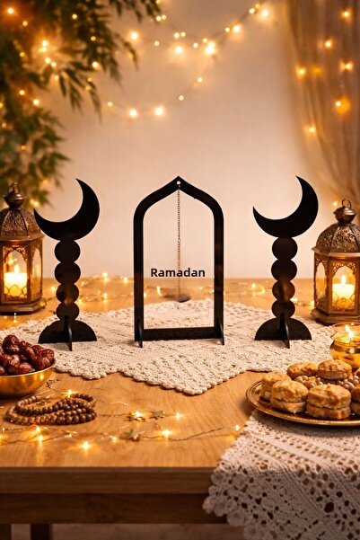 LAZORİAE ديكور سطح المكتب من البليكسي الأسود بتصميم رمضان - مع هلال وكتابة 'ر...