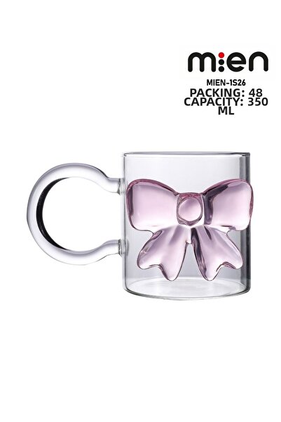 MİEN Bow Glass Cup, Pink Bow Glass Mug 350ml