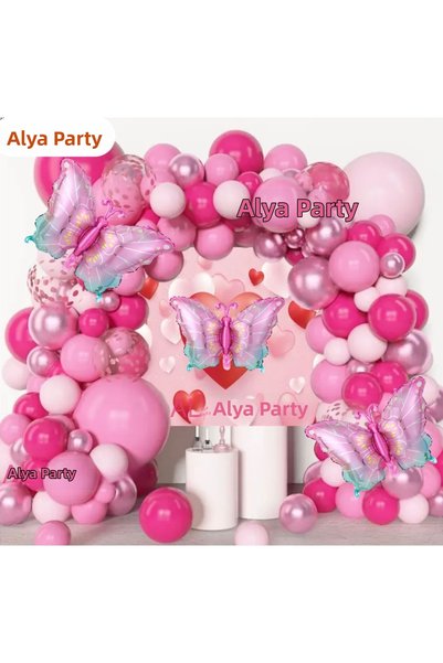 ALYA مجموعة عيد ميلاد على شكل فراشة وردية مع بالونات كثيرة