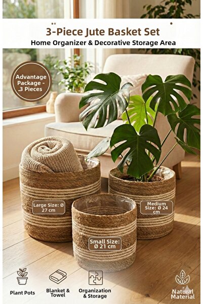 sever ithalat Σετ 3 τεμαχίων Λευκό Ριγέ Ψάθινο Καλάθι & Γλάστρα - Οργανωτής Μ...