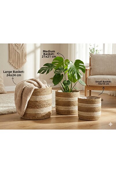 sever ithalat Σετ 3 διακοσμητικών ψάθινων θηκών για γλάστρες - Καλάθι φυτών μ...