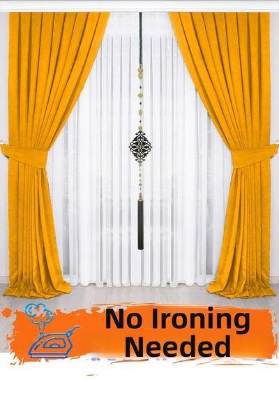 İ.D İpek Dokuma Mustard Yellow Velvety Pleated Background Curtain 1st Class Q...