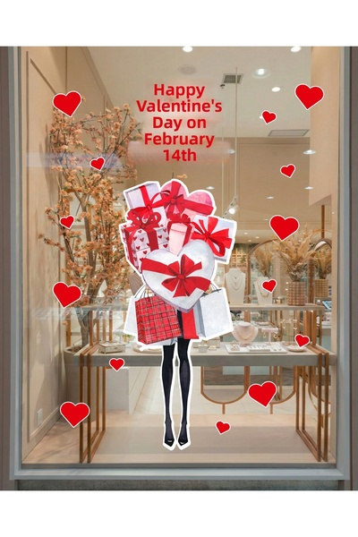 MIGNATIS Romantic February 14Th Sticker with Gift and Heart Design - Valentine's Day Glass Door Showcase Shop Decoration