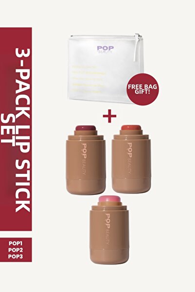 POP Beauty Cheek and Lip Tint Stick Blush Set (3 Colors Blush and Makeup Bag)
