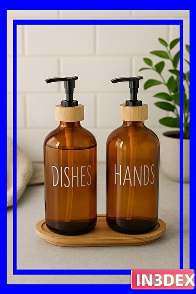 İN3DEX Amber Colored Glass Liquid Soap Dispenser Set 500ml with Bamboo Base