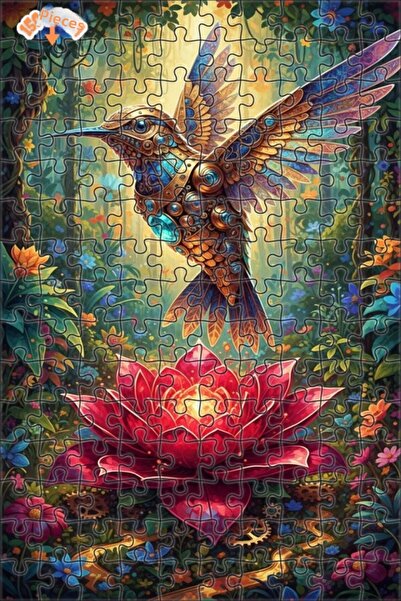 Teona Ahşap Magical Steampunk Hummingbird Red Lotus Double Layer Framed Woode...