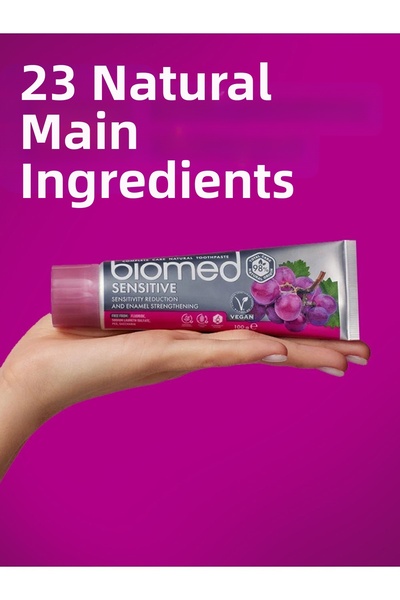 Biomed Pastă de dinți Sensitive cu aromă de struguri roșii și mentă (naturală, vegană, fără fluor) 100 gr
