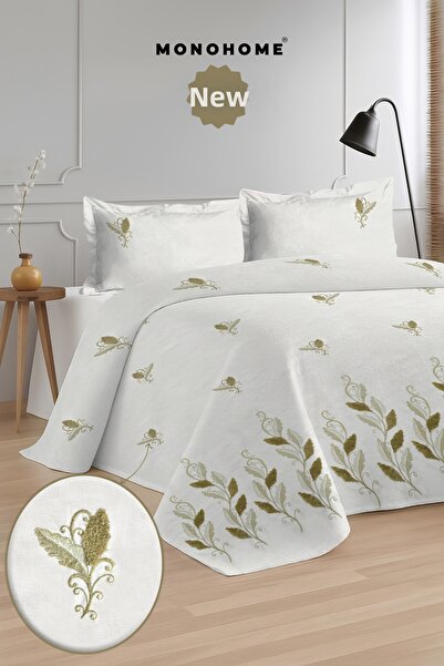 MonoHome طقم غطاء سرير مزدوج من الجاكار القطني 100% مع تطريز، لون كاكي