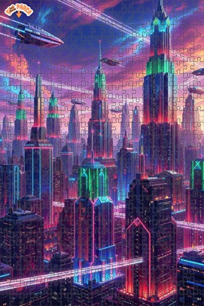 Teona Ahşap Futuristic Neon Cityscape Oil Painting Double-Decker Framed Woode...