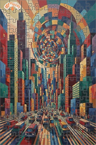 Teona Ahşap Abstract City Skyline Oil Painting Look Double Layer Framed Woode...