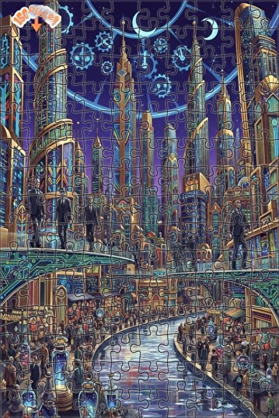 Teona Ahşap Steampunk Cityscape Oil Painting Look Double-Decker Framed Wooden...