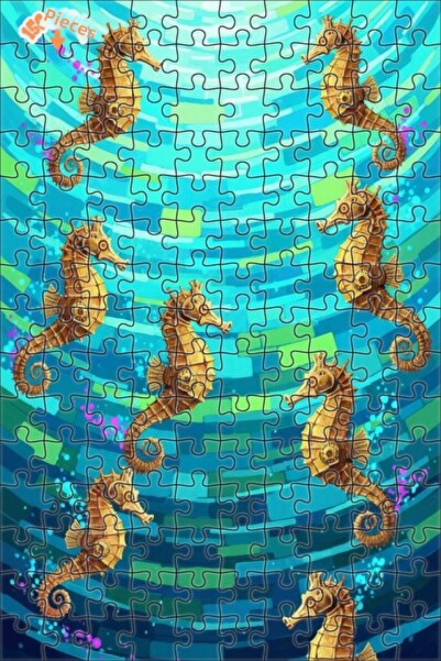 Teona Ahşap Sea Horse Art Oil Painting Look Double Layer Framed Wooden Puzzle...
