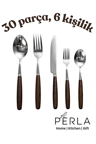 PERLAEVKAHVE 30 Pieces 6 Person Acacia Handle Stainless Steel Cutlery Set
