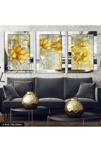 Evinemoda Tablou din plexiglas cu oglindă, cu flori și fluturi aurii, 3 piese