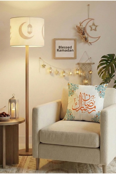 Cango Home A set of 4 Cushion Cover decorated with blue and orange patterns in a Ramadan theme, plus one Tablecloth .