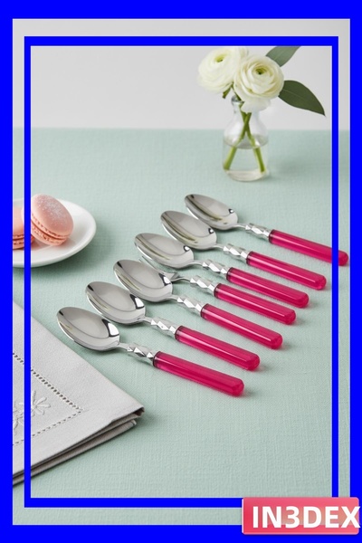 İN3DEX 6 Pieces Stainless Steel Dessert Spoon Pink Color Set
