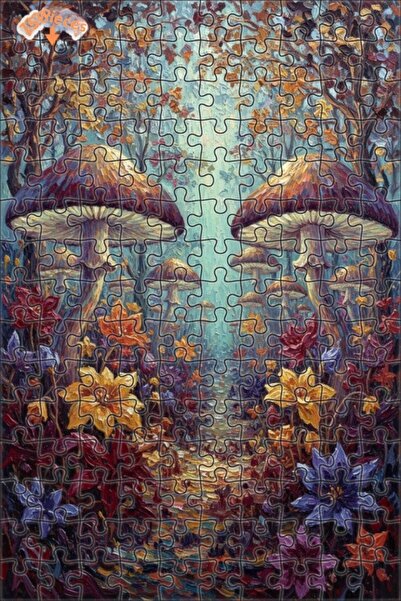 Teona Ahşap Magical Mushroom Forest Oil Painting Look Double-Decker Framed Wo...