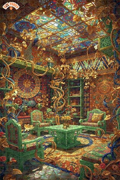 Teona Ahşap Golden Peacock Palace Oil Painting Double-Decker Framed Wooden Pu...