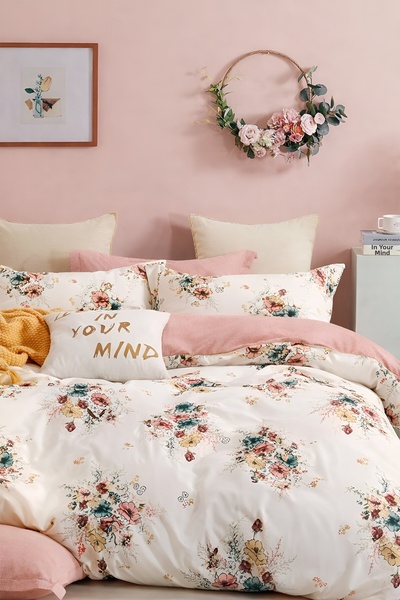 İQON طقم غطاء لحاف مع ملاءة مطاطية مزدوجة اللون بتصميم باقة السلمون