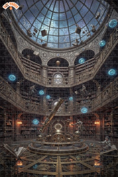 Teona Ahşap Mysterious Astronomer Library Oil Painting Double-Decker Framed W...