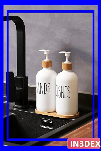 İN3DEX White Glass Liquid Soap Dispenser Set with Bamboo Base 500ml Double