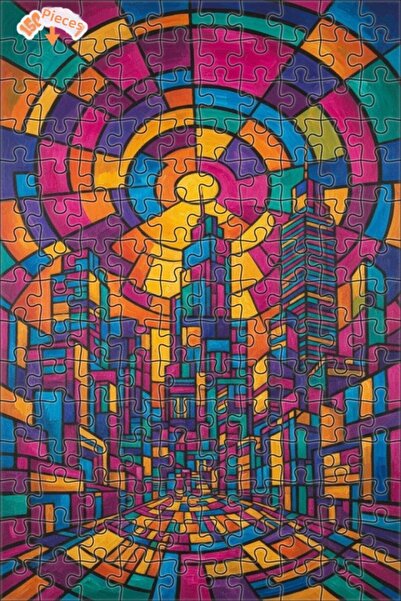 Teona Ahşap Vibrant Cityscape Oil Painting Look Double Layer Framed Wooden Pu...