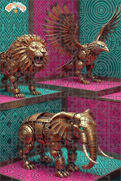 Teona Ahşap لغز فني ذهبي ميكانيكي على شكل أسد ونسر وفيل 150 قطعة 20×30