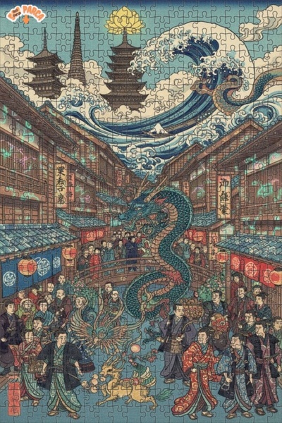 Teona Ahşap لغز خشبي فني حديث بتصميم التنين والبحر المموج، لغز خشبي بإطار مزد...