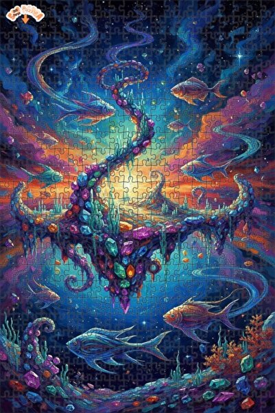 Teona Ahşap لغز فني رائع على شكل سمكة فضائية وجزيرة كريستالية بمظهر لوحة زيتي...