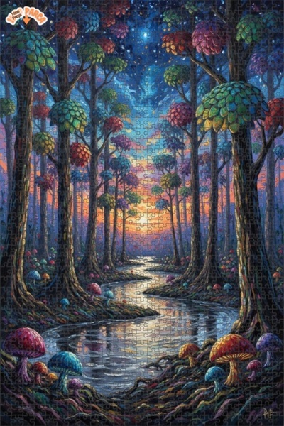 Teona Ahşap لغز خشبي بتصميم فطر ملون في غابة ساحرة مع مظهر زيت اللوحة، 1000 ق...