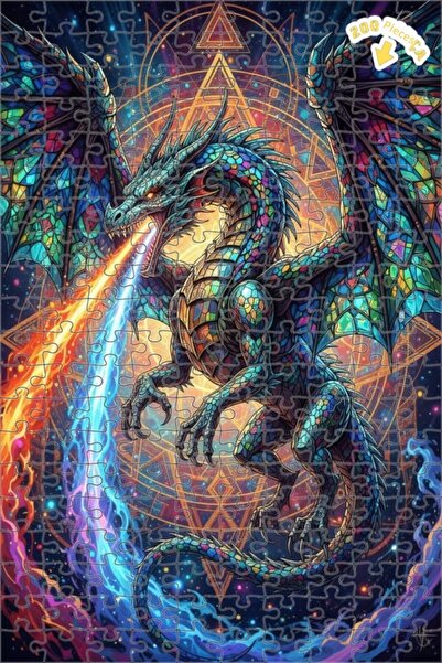 Teona Ahşap لغز خشبي فني حديث بمظهر الزجاج الملون على شكل تنين سحري 200 قطعة ...