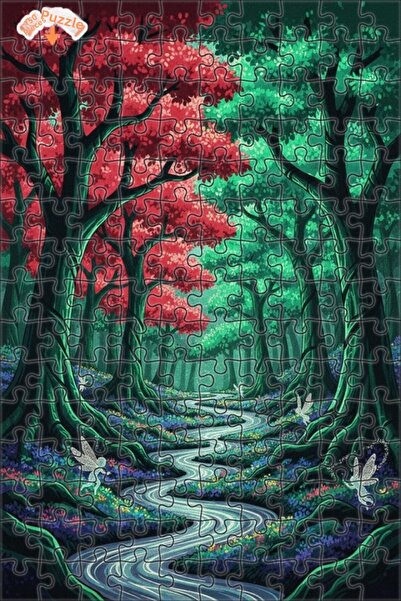 Teona Ahşap لغز خشبي بتصميم غابة خيالية مع مشهد مائي، طابقين مع إطار، 150 قطع...