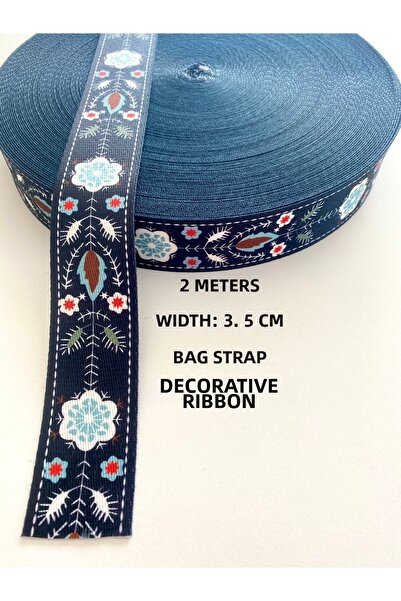seyranat 2 метра тъмно син лента с флорален мотив, ширина 3,5 см, за чанта, д...