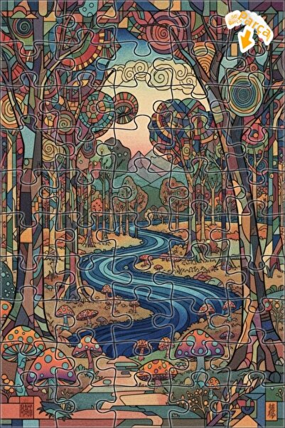 Teona Ahşap لغز خشبي بمنظر غابة ساحرة ونهر مع مظهر فسيفساء زجاجي 50 قطعة 15×25