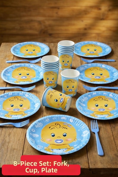 Baloncu Dede مجموعة أطباق منقوشة للأطفال الذكور باللون الأزرق لحفلات استقبال ...