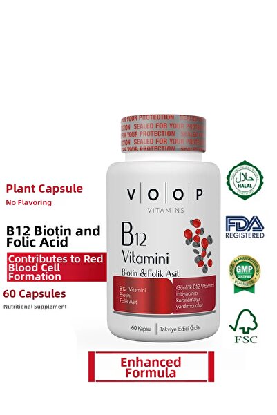 VOOP Vitamin B12 - 60 Herbal Capsules with Biotin and Follic Acid - Supportin...