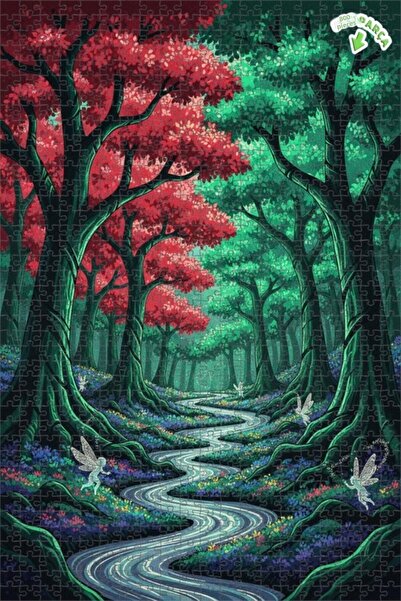 Teona Ahşap لغز خشبي بمنظر غابة خيالية ملون بالألوان المائية، ذو طابقين مع إط...