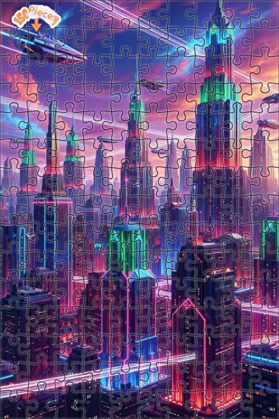 Teona Ahşap Futuristic Neon Cityscape Oil Painting Double-Decker Framed Woode...