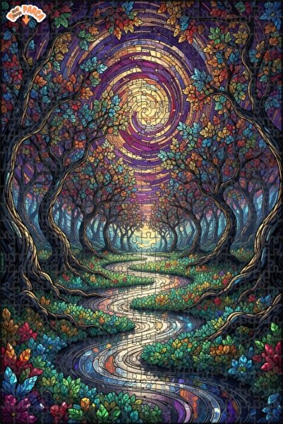 Teona Ahşap لغز خشبي مؤطر بطبقتين بتصميم فني يشبه الزجاج الملون لطريق الغابة ...