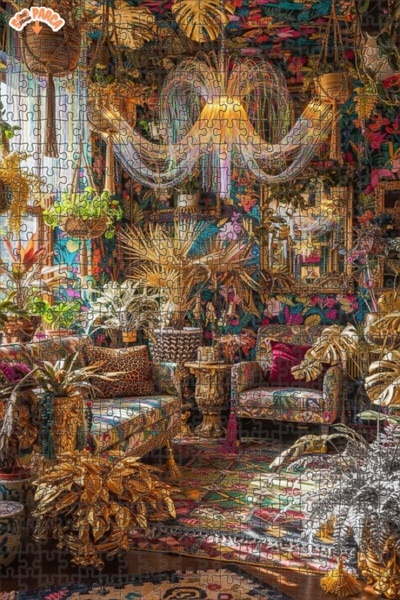 Teona Ahşap Golden Leaf Tropical Living Room Oil Painting Double-Decker Frame...