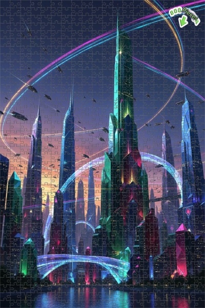 Teona Ahşap لغز خشبي بإطار مزدوج الطابق بتصميم مدينة كريستالية مستقبلية وفن ر...