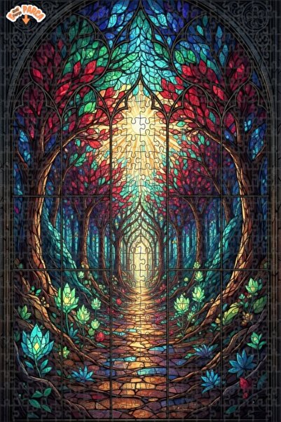 Teona Ahşap Mysterious Forest Road Stained Glass Look Wooden Puzzle Double La...