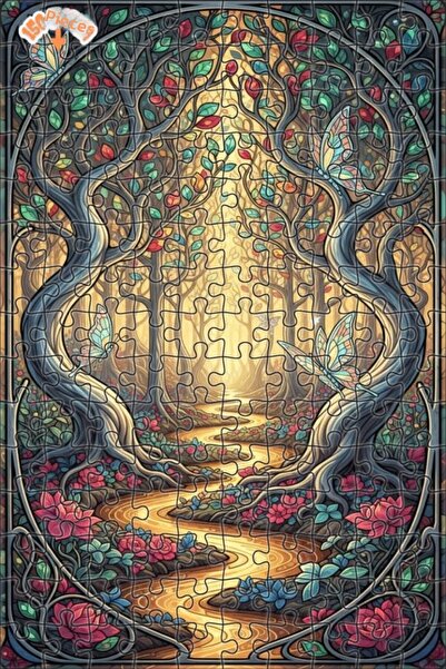 Teona Ahşap لغز خشبي مؤطر بطبقتين من ماسالي، بتصميم فني لطريق الغابة والفراشة...