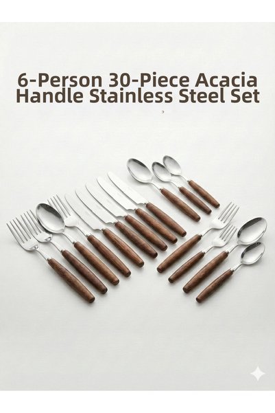 PERLAEVKAHVE 30 Pieces 6 Person Acacia Handle Stainless Steel Cutlery Set