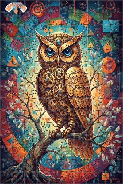 Teona Ahşap Steam Mechanical Owl Oil Painting Look Double Layer Framed Wooden...