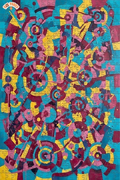 Teona Ahşap Abstract Geometry Oil Painting Look Double Layer Framed Wooden Pu...