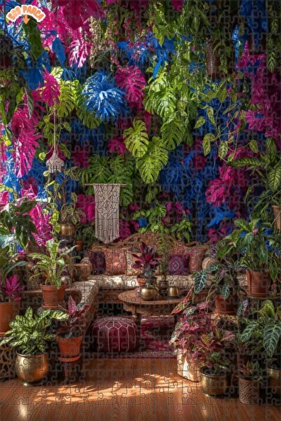 Teona Ahşap Colorful Tropical Garden Oil Painting Look Double Layer Framed Wo...