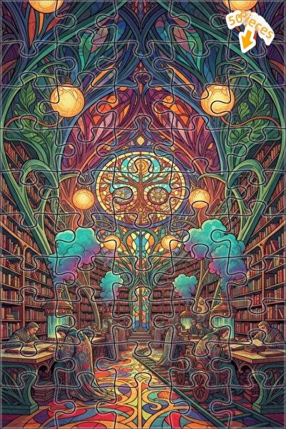 Teona Ahşap لغز خشبي مؤطر ذو طابقين بتصميم مكتبة سحرية، 50 قطعة، 15×25