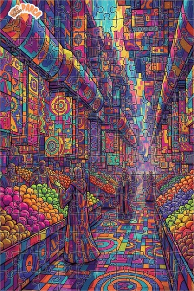 Teona Ahşap Colorful Market Streets Double Decker Framed Wooden Puzzle 150 Pi...